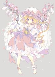 Rule 34 | 1girl, ascot, barefoot, blonde hair, closed mouth, commentary, crystal, dress, flandre scarlet, flower, full body, grey background, hat, hat flower, highres, long hair, looking at viewer, mob cap, nail polish, nikorashi-ka, pink nails, puffy short sleeves, puffy sleeves, purple eyes, short sleeves, solo, symbol-only commentary, toenail polish, toenails, touhou, white dress, white hat, wings, wrist cuffs, yellow ascot