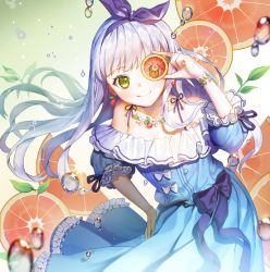 Rule 34 | 1girl, blue dress, blunt bangs, bracelet, contrapposto, covering one eye, cowboy shot, dress, earrings, food, frilled dress, frills, fruit, grapefruit, green eyes, hair ribbon, hand on own hip, holding, holding food, holding fruit, jewelry, leaf, leaning, leaning to the side, light purple hair, long hair, looking at viewer, necklace, off-shoulder dress, off shoulder, one eye covered, original, posom, purple ribbon, ribbon, short sleeves, silver hair, smile, solo, spaghetti strap, standing, water drop