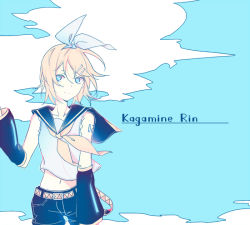Rule 34 | 1girl, blonde hair, blue eyes, blue sky, bow, character name, cloud, day, detached sleeves, hair bow, hair ornament, hairclip, kagamine rin, limited palette, looking at viewer, moa (fade64222), number tattoo, sailor collar, shorts, shoulder tattoo, sketch, sky, solo, tattoo, vocaloid