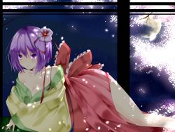 Rule 34 | 1girl, absurdres, bad id, bad pixiv id, bare shoulders, bow, breasts, cherry blossoms, cleavage, female focus, fingernails, flower, hair flower, hair ornament, hieda no akyuu, highres, hip focus, japanese clothes, large breasts, legs, lipstick, makeup, moon, nail, nail polish, night, off shoulder, petals, purple eyes, purple hair, short hair, solo, suzuchi1218, touhou, undressing