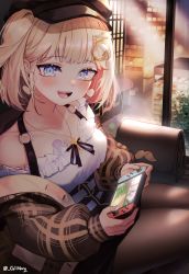 Rule 34 | 1girl, absurdres, bag, black pantyhose, blonde hair, blue eyes, blush, brown jacket, commentary, controller, cracked screen, english commentary, frilled shirt collar, frills, from above, game controller, gilmang, hair ornament, hairclip, highres, holding, holding controller, holding game controller, hololive, hololive english, huge filesize, jacket, jewelry, looking at viewer, necklace, nintendo switch, off-shoulder shirt, off shoulder, official alternate costume, open mouth, pantyhose, plaid, plaid jacket, ringed eyes, round eyewear, shirt, shoulder bag, side ponytail, sitting, skirt, solo, twitter username, virtual youtuber, watson amelia, watson amelia (street casual), white shirt, window, x hair ornament