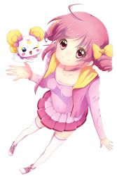 Rule 34 | 10s, 1girl, ahoge, bow, candy (smile precure!), casual, collarbone, drill hair, hoshizora miyuki, kuune rin, looking up, one eye closed, outstretched hand, perspective, pink bow, pink eyes, pink hair, precure, short hair, simple background, smile, smile precure!, solo, thighhighs, twin drills, twintails, white background, wink, zettai ryouiki