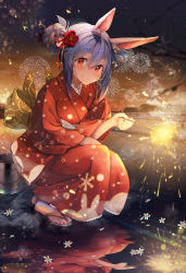 Rule 34 | 1girl, animal ear fluff, animal ears, back bow, black footwear, blue hair, blush, bow, bucket, closed mouth, commentary request, fireworks, flower, full body, geta, gradient sky, hair flower, hair ornament, hand on lap, haruhina purple, highres, holding, hololive, japanese clothes, kimono, long sleeves, looking at viewer, multicolored hair, nail polish, night, outdoors, rabbit ears, rabbit girl, red eyes, red flower, red kimono, red nails, reflection, reflective floor, short hair, sidelocks, silver hair, sky, solo, sparkler, squatting, thick eyebrows, two-tone hair, usada pekora, usada pekora (new year), virtual youtuber, wide sleeves, yellow bow, yukata