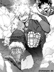 Rule 34 | !?, 2boys, bakugou katsuki, bead necklace, beads, boku no hero academia, boots, carrying, carrying over shoulder, carrying person, cut (nifuhami 35), freckles, fur trim, greyscale, jewelry, knee pads, male focus, midoriya izuku, monochrome, multiple boys, multiple necklaces, necklace, open mouth, spiked hair, tree, twitter username