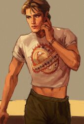 Rule 34 | 1boy, 2boys, aged down, bracelet, brown hair, cellphone, closed mouth, cowboy shot, crop top, dean winchester, flip phone, freckles, highres, holding, holding phone, jewelry, looking to the side, male focus, midriff peek, multiple boys, navel, phone, print shirt, rozavay, shirt, short hair, solo, supernatural (tv series)