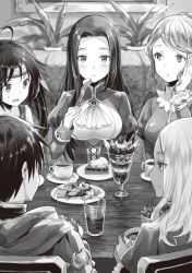Rule 34 | 1boy, 4girls, ascot, breasts, cake, dark skin, food, fork, frilled sleeves, frills, fuzichoco, glass, greyscale, hachinan tte sore wa nai deshou!, hand on own cheek, hand on own face, highres, holding, holding fork, indoors, isa (hachinan tte sore wa nai deshou!), katya (hachinan tte sore wa nai deshou!), long hair, long sleeves, medium breasts, monochrome, multiple girls, novel illustration, official art, open mouth, parfait, parted lips, short hair, sitting, sweatdrop, swept bangs, table, wendelin von benno baumeister