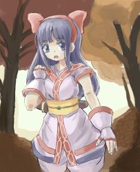 Rule 34 | 1girl, ainu clothes, arm up, blue eyes, blue hair, breasts, clenched hand, fingerless gloves, forest, gloves, hair ribbon, highres, legs, long hair, medium breasts, nakoruru, nature, open mouth, pants, ribbon, samurai spirits, snk, solo, the king of fighters, the king of fighters xv, thighs