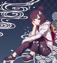 Rule 34 | 1girl, bag, blue background, blue eyes, blush, checkered background, closed mouth, fate/grand order, fate (series), from side, full body, hair bun, hair ornament, hairclip, hand on own cheek, hand on own face, highres, jacket, katsushika hokusai (fate), katsushika hokusai (traveling outfit) (fate), kotoribako, long sleeves, looking at viewer, official alternate costume, pants, purple footwear, purple hair, purple pants, seigaiha, shoes, short hair, single hair bun, sitting, smile, solo, white jacket