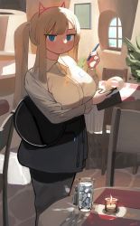 Rule 34 | 1girl, animal ears, black pants, blonde hair, blue eyes, blush, breasts, candle, closed mouth, collared shirt, fake animal ears, fork, glass, hairband, highres, holding, holding notebook, indoors, knife, large breasts, long sleeves, looking at viewer, notebook, original, pants, ryusei hashida, salt shaker, shirt, solo, twintails, waitress, white shirt, wing collar