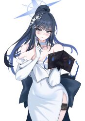 Rule 34 | 1girl, absurdres, black hair, blue archive, blue eyes, blue halo, blush, choker, closed mouth, dress, elbow gloves, gloves, halo, highres, lipstick, lipstick mark, long hair, looking at viewer, makeup, official alternate costume, saori (blue archive), saori (dress) (blue archive), solo, strapless, strapless dress, taboo (user kzyc8573), white choker, white dress, white gloves