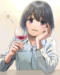 Rule 34 | 1girl, alcohol, blue hair, blush, bob cut, collared shirt, commentary request, cup, drinking glass, hand on own cheek, hand on own face, head rest, head tilt, holding, holding cup, horikou, lips, open mouth, purple eyes, red wine, shima saki, shirt, sitting, star (symbol), white shirt, wine, wine glass, yurucamp
