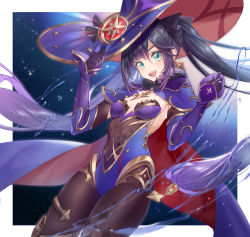 1girl aqua_eyes black_pantyhose blue_leotard breasts cape cowboy_shot fur_collar genshin_impact gloves hair_ornament hat hat_ornament jewelry large_hat leotard long_hair long_sleeves looking_at_viewer mona_(genshin_impact) open_mouth pantyhose purple_gloves purple_headwear small_breasts smile thighlet thighs twintails very_long_hair vieny witch_hat