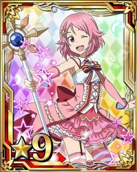 Rule 34 | 10s, 1girl, ;d, argyle, argyle background, argyle clothes, bow, card (medium), garter straps, holding, layered skirt, lisbeth (sao), looking at viewer, magical girl, one eye closed, open mouth, pink eyes, pink hair, pink skirt, short hair, skirt, smile, solo, star (symbol), striped bow, striped clothes, striped thighhighs, sun hair ornament, sword art online, thighhighs, wrist cuffs
