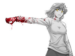 Rule 34 | 00s, 1girl, arcueid brunestud, blood, blood on clothes, blood on face, blood on hands, face, monochrome, outstretched arm, short hair, solo, spot color, sweater, tsukihime, yanagi (tsukiakari), yellow eyes