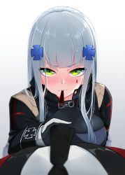 Rule 34 | 1girl, absurdres, blunt bangs, blush, facial mark, food, girls&#039; frontline, gloves, goggles, goggles around neck, green eyes, hair ornament, highres, hk416 (girls&#039; frontline), long hair, long sleeves, looking at viewer, mouth hold, necktie, necktie grab, neckwear grab, pocky, pocky day, pov, silver hair, solo focus, white background, z.taiga