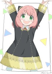 Rule 34 | 1girl, absurdres, anya (spy x family), arms up, black dress, blush stickers, cowboy shot, cynical (llcbluckg c004), dress, female focus, framed, green eyes, hair ornament, highres, long sleeves, looking at viewer, medium hair, open mouth, pink hair, smile, solo, spy x family, teeth, triangle, twitter username, upper teeth only, white background