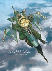 Rule 34 | 1girl, aircraft, airplane, asterisk kome, blonde hair, cloud, cockpit, day, f-5 freedom fighter, fighter jet, flying, green eyes, jet, jet engine, military, military vehicle, missile, original, personification, sky, solo, wings