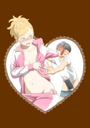 Rule 34 | 1boy, 1girl, absurdres, black hair, blonde hair, blush, box, breasts, brown background, closed eyes, clothes pull, convenient censoring, embarrassed, gift, gift box, green eyes, hair ornament, hairclip, heart, heart-shaped pupils, highres, jacket, key (kagibangou), multicolored clothes, multicolored jacket, navel, no bra, nose blush, open clothes, open jacket, open mouth, original, pants, ponytail, shirt, shorts, shorts pull, side-tie peek, small breasts, symbol-shaped pupils, t-shirt, teeth, track jacket, track pants, two-tone jacket, white shirt