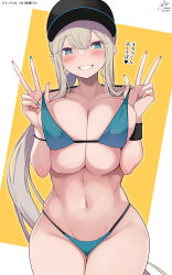 Rule 34 | 1girl, absurdres, artist name, baseball cap, bikini, bikini pull, blonde hair, blue bikini, blue eyes, breasts, cleavage, clothes pull, double v, grin, hat, highres, large breasts, legs, looking at viewer, low ponytail, original, smile, solo, swimsuit, thick thighs, thighs, v
