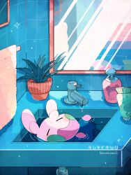 Rule 34 | artist name, bathroom, closed eyes, commentary request, creatures (company), game freak, gen 1 pokemon, gen 2 pokemon, gen 6 pokemon, goomy, hanabusaoekaki, highres, indoors, lotion bottle, marill, mirror, nintendo, no humans, oddish, plant, pokemon, pokemon (creature), potted plant, reflection, sink, soap, sparkle, towel