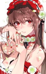 Rule 34 | 1girl, arm up, armband, bare arms, bare shoulders, black ribbon, blush, breasts, brown hair, choker, cleavage, collarbone, flower, flower choker, frilled armband, frills, green flower, green rose, hair between eyes, hair flower, hair ornament, hand up, headdress, interlocked fingers, lace trim, large breasts, long hair, looking at viewer, nail polish, neck ribbon, original, parted lips, petals, red eyes, red nails, ribbon, rose, sanpaku, sidelocks, simple background, sleeveless, solo, striped, tonito, upper body, white background