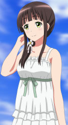 Rule 34 | 1girl, bare shoulders, blue sky, blunt bangs, blush, breasts, brown hair, closed mouth, cloud, collarbone, commentary request, cp9a, day, dress, flower, gochuumon wa usagi desu ka?, hair flower, hair ornament, long hair, low ponytail, outdoors, ponytail, ribbon, sidelocks, sky, sleeveless, sleeveless dress, small breasts, smile, solo, sundress, ujimatsu chiya, upper body, white dress, white flower, white ribbon