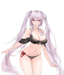 Rule 34 | 1girl, :o, absurdres, bare shoulders, bikini, black bikini, cowboy shot, front-tie bikini top, front-tie top, grey hair, highres, lillly, long hair, looking at viewer, navel, off-shoulder bikini, off shoulder, original, parted lips, pink eyes, sidelocks, simple background, solo, stomach, swimsuit, thighs, twintails, very long hair, white background
