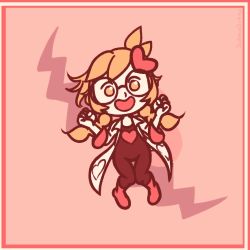 Rule 34 | 1girl, boots, braid, chibi, clenched hands, dubiousdummy, glasses, gloves, hair ornament, heart, heart hair ornament, jumping, knees together feet apart, lab coat, looking at viewer, open mouth, penny crygor, skin tight, smile, solo, thigh gap, twin braids, warioware