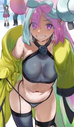 Rule 34 | 2girls, covered erect nipples, creatures (company), game freak, gloria (pokemon), hews, highres, iono (pokemon), multicolored hair, multiple girls, nintendo, outdoors, pokemon, pokemon sv, pokemon swsh, revealing clothes, smile, thigh strap, thighs