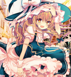 Rule 34 | 1girl, :d, apron, blonde hair, blue bow, blue dress, blue hat, blush, bow, braid, dress, feet out of frame, frills, hair between eyes, hair bow, hair ribbon, hand on headwear, hand up, hat, hat bow, highres, kasane (cynthia), kirisame marisa, long hair, looking at viewer, open mouth, outdoors, ribbon, side braid, single braid, smile, solo, star (symbol), touhou, toy block, tress ribbon, very long hair, waist apron, white apron, white bow, witch hat, wrist cuffs, yellow eyes