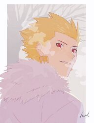 Rule 34 | 1boy, bare tree, blonde hair, border, breath, coat, earrings, fate/stay night, fate (series), fur-trimmed coat, fur trim, gilgamesh (fate), gold earrings, hal (haaaalhal), highres, jewelry, male focus, red eyes, short hair, signature, solo, tree, upper body, white border, white coat, winter