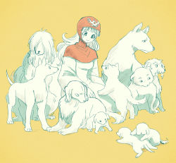 Rule 34 | 1girl, animal, dog, dragon quest, dragon quest ii, limited palette, long hair, multiple dogs, princess of moonbrook, puppy, robe, simple background, too many, too many dogs, yellow background, yuza