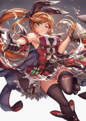 Rule 34 | 10s, 1girl, armpits, bare shoulders, black dress, black footwear, black ribbon, black thighhighs, blush, book, boots, breasts, buttons, clarisse (granblue fantasy), closed mouth, coat, commentary request, covered navel, dress, dutch angle, foreshortening, granblue fantasy, green eyes, hair ribbon, highres, holding, holding book, knee boots, ks (xephyrks), leg up, light particles, long hair, looking at viewer, looking down, magic, medium breasts, off shoulder, one eye closed, open book, open clothes, open vest, orange hair, pointing, pointing at viewer, ponytail, pouty lips, red coat, red vest, ribbon, running, side ponytail, simple background, sleeveless, sleeveless dress, solo, swept bangs, test tube, thigh gap, thighhighs, unbuttoned, underbust, very long hair, vest, water, white background, zettai ryouiki
