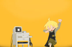 Rule 34 | 1girl, ^ ^, ahoge, apron, arm up, black apron, blonde hair, bloodborne, blush, cable, chest of drawers, clenched hands, closed eyes, computer, feet out of frame, game console, green pants, grey shirt, hand up, highres, id card, knee up, kokaki mumose, long sleeves, null-meta, open mouth, pants, pants rolled up, saw, saw cleaver, shirt, short hair, simple background, smile, solo, standing, standing on one leg, uozumi kurumi, v-shaped eyebrows, window (computing), xbox, yellow background