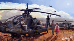 Rule 34 | 1boy, 3girls, absurdres, ah-64 apache, aircraft, apron, artist name, attack helicopter, autocannon, black dress, black legwear, blonde hair, blue sky, bow, broom, brown eyes, brown hair, cannon, chain gun, cloud, coffee, crossed legs, day, detached sleeves, dress, field, gunship, hair bow, hair ribbon, hakurei reimu, handheld game console, hat, hat bow, helicopter, helicopter gunship, highres, kirisame marisa, lasonony, long hair, long skirt, looking at another, m230 chain gun, military, multiple girls, original, people, playing games, red skirt, ribbon, shoes, short sleeves, silhouette, sitting, sketch, skirt, sky, sleeveless, sleeveless dress, soldier, sun, sunglasses, talking, touhou, walking, weapon, wide sleeves, witch hat