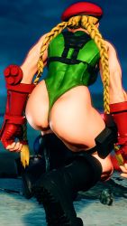 Rule 34 | 1girl, 3d, absurdres, antenna hair, ass, bare shoulders, blonde hair, braid, breasts, cammy white, clenched hand, curvy, full body, gloves, green leotard, hat, highleg, highleg leotard, highres, huge ass, kneeling, leotard, long hair, medium breasts, red gloves, red hat, ryona, screencap, shiny clothes, sky, solo, street fighter, street fighter v, thighs, third-party edit, thong leotard, twin braids, very long hair, wide hips