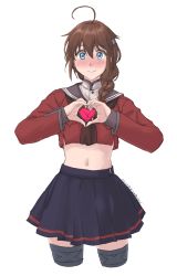 Rule 34 | 1girl, ahoge, black skirt, blue eyes, braid, brown hair, commentary request, cowboy shot, crop top, cropped legs, dress, grey sailor collar, hair flaps, hair ornament, hair over shoulder, heart, heart hands, highres, kantai collection, looking at viewer, midriff, navel, pleated skirt, red shirt, sailor collar, sailor dress, shigure (kancolle), shigure kai ni (kancolle), shirt, simple background, single braid, skirt, solo, sozan, standing, thighhighs, white background