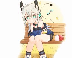 Rule 34 | 1girl, aqua eyes, baigao, bench, bike shorts, borrowed character, cable, chinese commentary, commentary request, digitan (porforever), electric plug, falling leaves, grey hair, hair between eyes, headphones, highres, knees together feet apart, leaf, leaning forward, long hair, looking at viewer, musical note, original, outdoors, sitting, smile, snail, socks, solo, star-shaped pupils, star (symbol), striped clothes, striped socks, symbol-shaped pupils, tail, watch, wristwatch