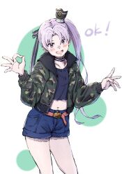 Rule 34 | 1girl, akitsushima (kancolle), blue shorts, camouflage, camouflage jacket, choker, crop top, hair ribbon, hat, highres, jacket, kantai collection, ld (luna dial398), long hair, looking at viewer, mini hat, ok sign, open clothes, open jacket, open mouth, ponytail, purple eyes, purple hair, ribbon, shorts, side ponytail, solo