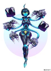 Rule 34 | 1girl, absurdres, ahoge, aqua hair, black hair, blue skin, breasts, character request, claws, colored skin, commentary request, extra arms, frown, full body, green eyes, highres, large breasts, long hair, looking at viewer, monster girl, multicolored hair, personification, phantasy star, phantasy star online 2, phantasy star online 2 new genesis, revealing clothes, samael (5211), short hair, solo, streaked hair, two-tone hair, very short hair