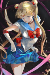 Rule 34 | 1girl, absurdres, bishoujo senshi sailor moon, blonde hair, blue eyes, blue sailor collar, bow, breasts, choker, cleavage, crescent, crescent earrings, double bun, earrings, elbow gloves, gloves, hair bun, heart, heart choker, highres, jenmin12, jewelry, long hair, magical girl, medium breasts, pleated skirt, red bow, red choker, ribbon, sailor collar, sailor moon, sailor senshi, sailor senshi uniform, short sleeves, skirt, tsukino usagi, twintails, white gloves