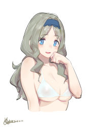 Rule 34 | 10s, 1girl, :d, absurdres, bare shoulders, bikini, blue eyes, blush, breasts, collarbone, commentary, darling in the franxx, dated, gorgeous mushroom, green hair, handband, highres, kokoro (darling in the franxx), large breasts, long hair, looking at viewer, open mouth, revision, signature, simple background, smile, solo, swimsuit, upper body, white background, white bikini