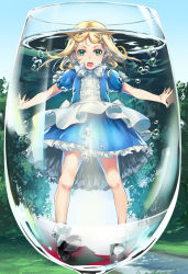 Rule 34 | 1girl, apron, blonde hair, blush, bubble, commentary request, cup, dress, drinking glass, green eyes, highres, in container, in cup, long hair, mary janes, mini person, minigirl, open mouth, original, peril, puffy sleeves, shoes, short sleeves, socks, sody, solo, submerged, underwater, water, white socks