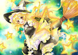 Rule 34 | 1girl, 6kusa, bad id, bad pixiv id, blonde hair, broom, female focus, gradient background, hat, kirisame marisa, long hair, solo, star (symbol), touhou, traditional media, witch, witch hat, yellow eyes