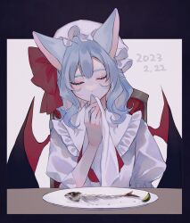 Rule 34 | 1girl, absurdres, animal ears, ascot, bat wings, blue hair, bow, cat ears, closed eyes, covered mouth, dated, facing viewer, fish bone, frilled shirt collar, frills, hat, hat bow, highres, holding, katai (nekoneko0720), kemonomimi mode, medium hair, mob cap, napkin, puffy short sleeves, puffy sleeves, red ascot, red bow, remilia scarlet, shirt, short sleeves, solo, touhou, upper body, white hat, white shirt, wings