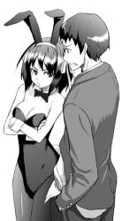 Rule 34 | 00s, 1boy, 1girl, adachi yousuke, angry, animal ears, bare arms, bare shoulders, bow, bowtie, breasts, cleavage, crossed arms, detached collar, eye contact, fake animal ears, greyscale, kyon, leotard, looking at another, medium breasts, monochrome, neck, open mouth, pantyhose, playboy bunny, rabbit ears, rabbit tail, school uniform, short hair, simple background, standing, strapless, strapless leotard, suzumiya haruhi, suzumiya haruhi no yuuutsu, white background