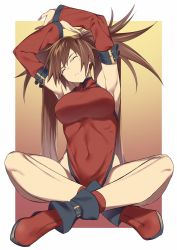 Rule 34 | 1girl, arc system works, armpits, breasts, brown hair, chinese clothes, closed eyes, crossed legs, frown, guilty gear, guilty gear xrd, guilty gear xx, highres, kuma (jk0073), kuradoberi jam, large breasts, long hair, long sleeves, solo, stretching, thick thighs, thighs, very long hair