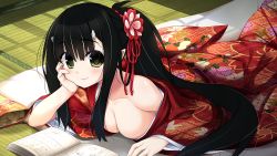 Rule 34 | 1girl, black hair, book, breasts, chips (food), cleavage, closed mouth, eyebrows, flower, food, futon, game cg, hair flower, hair ornament, head rest, highres, horns, indoors, izumi iko, japanese clothes, kimono, kohime, long hair, looking at viewer, lying, no bra, off shoulder, on stomach, oni, oni ga kuru. ~ane ga hinshi de pinchi desu~, original, pointy ears, ponytail, smile, solo, tatami, wide sleeves, yellow eyes