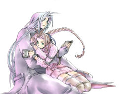 Rule 34 | 00s, 1boy, 1girl, 2000s, aerith gainsborough, alternate costume, black coat, book, braid, brown hair, coat, final fantasy, final fantasy vii, fingerless gloves, gloves, green eyes, holding, holding book, holding mug, long coat, long hair, lowres, parted bangs, pink sweater, rendezvous, ringlets, sephiroth, sidelocks, silver hair, sitting, square enix, sweatdrop, sweater, thighhighs, white background
