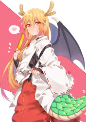 Rule 34 | &gt;:), 10s, 1girl, absurdres, adapted costume, alternate costume, black gloves, blonde hair, blush, breasts, commentary request, dragon girl, dragon horns, dragon tail, dragon wings, fang, fang out, fingerless gloves, gloves, hair between eyes, heart, highres, horns, japanese clothes, kobayashi-san chi no maidragon, large breasts, large tail, long hair, looking at viewer, ribbon-trimmed sleeves, ribbon trim, slit pupils, solo, speech bubble, spoken heart, tail, tohru (maidragon), v-shaped eyebrows, wide sleeves, wings, yorukun